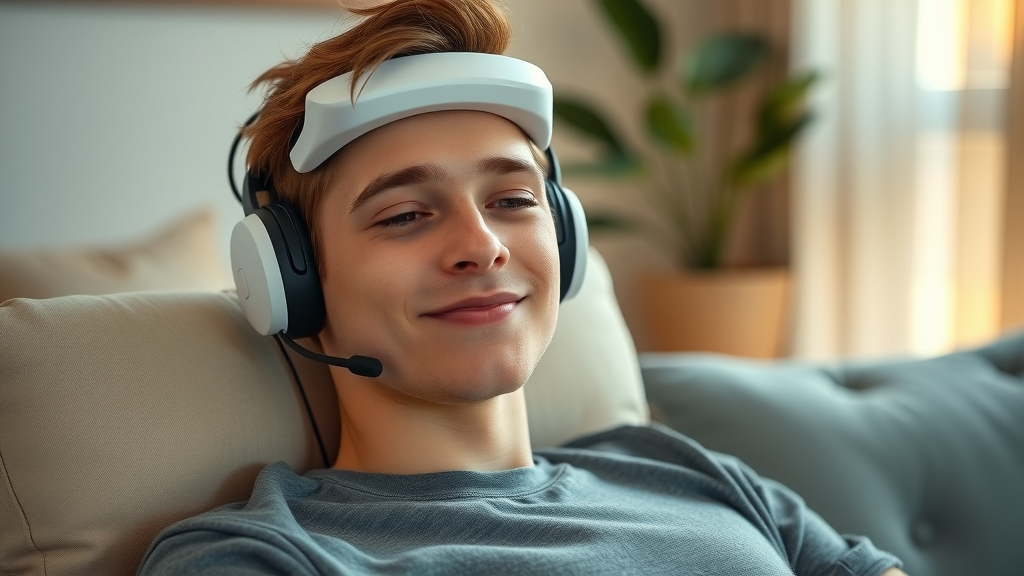 optimistic young adult relaxing with neurofeedback headset, showing benefits of brainwave biofeedback in a therapy room