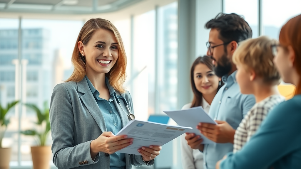 Professional health insurance agent consulting diverse family in modern office