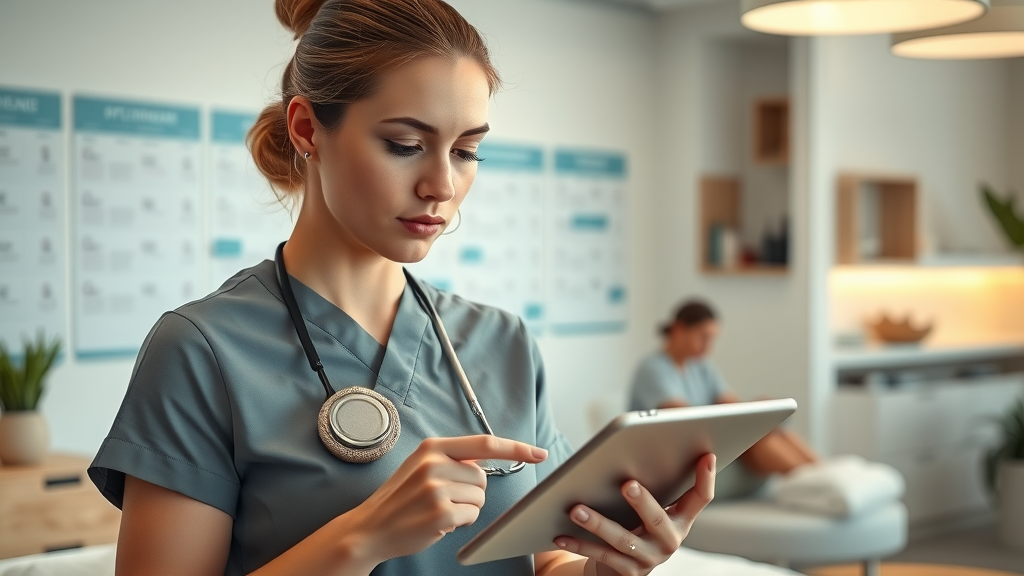 insightful massage therapist reviewing digital appointment schedule in a modern clinic - how to reduce massage no shows
