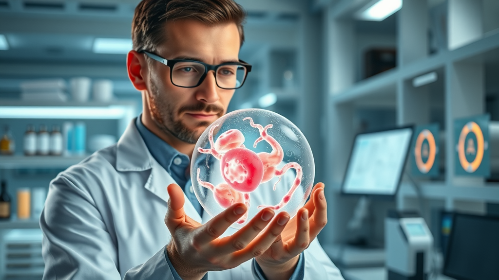 Regenerative medicine scientist studying glowing human tissue cells in lab
