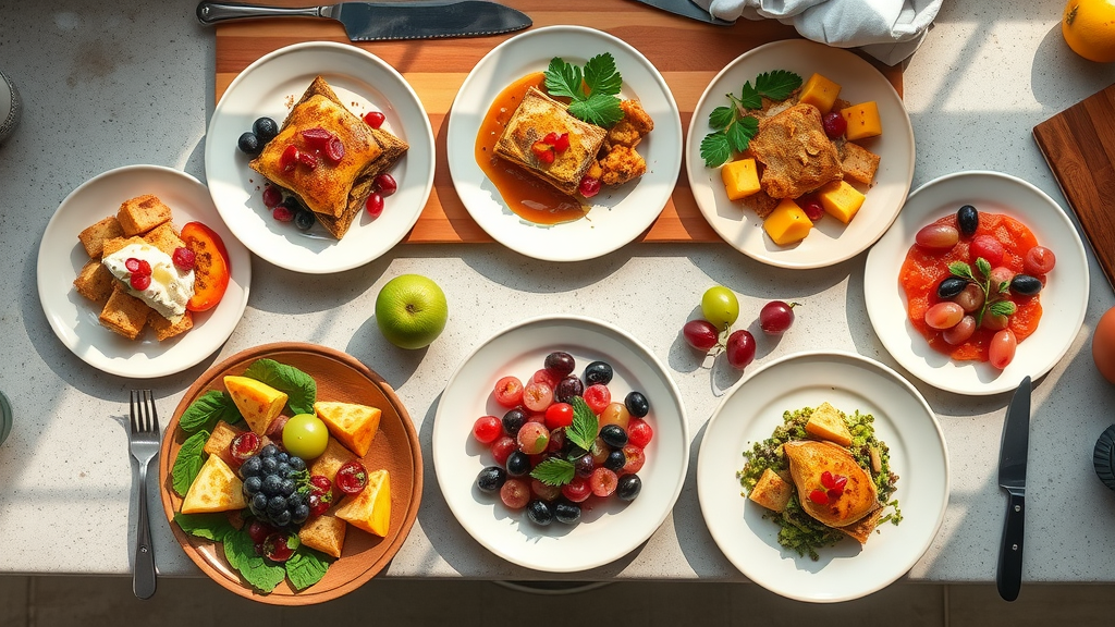 Colorful assortment of five healthy grape recipes on kitchen countertop, creative presentation for healthy eating.