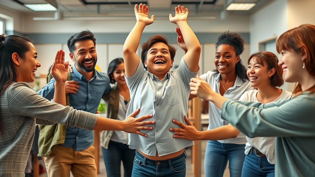dynamic team-building exercise, nonprofit staff, staff management and organizational culture for nonprofit organizations, trust-fall activity, multicultural, teamwork, vibrant colors, ambient lighting, 85mm lens