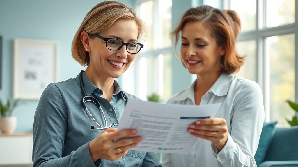 Reimbursement expert helps patient with insurance paperwork in a modern, friendly clinic.