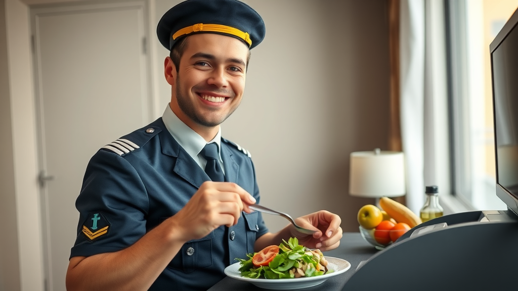 airline pilot preparing healthy meal in hotel room, pilot health nutrition