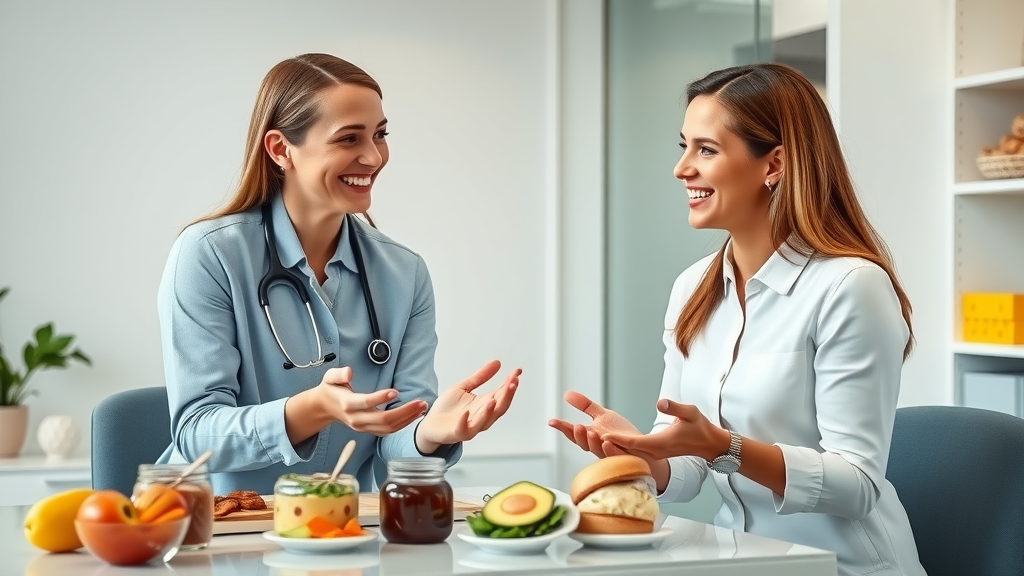Registered dietitian giving healthy breakfast advice for intermittent fasting in a clinic setting