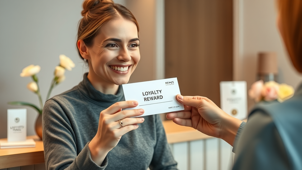 massage client receiving a loyalty reward card from business for being an ideal client