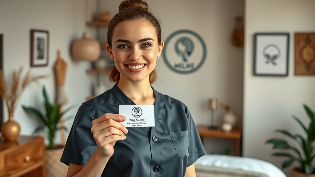 Massage therapist with branded uniform and business card – building a personal brand in massage therapy