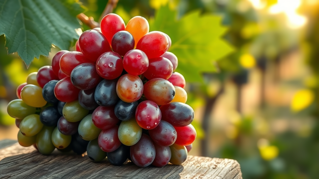 Vivid close-up of dewy red, green, and black grapes, showing the health benefit of natural grape varieties, morning vineyard sunlight, photorealistic.