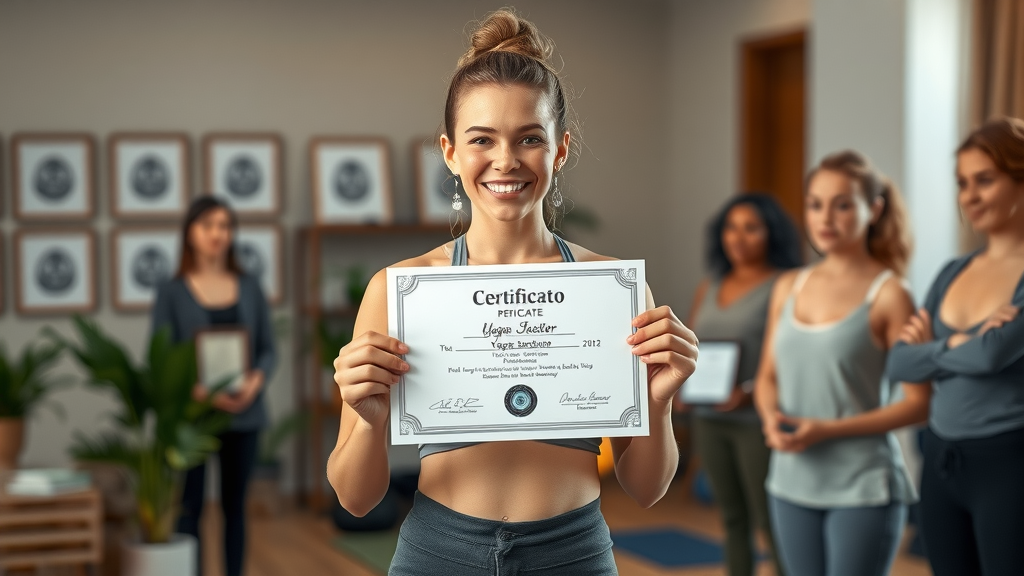 Confident yoga instructor with teacher training certification in yoga center