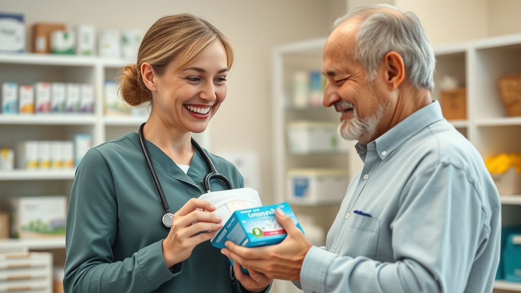 Caregiver assisting elderly man with incontinence supplies in a home healthcare setting