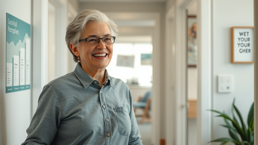 happy client with hopeful expression leaving a trusted neurofeedback clinic after a successful neurofeedback therapy session with certified practitioners