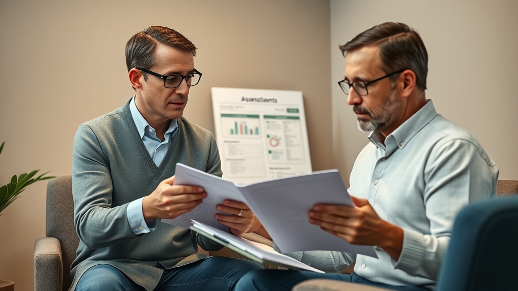 clinician discussing neurofeedback training protocols and mental health goals with new client before assessment session