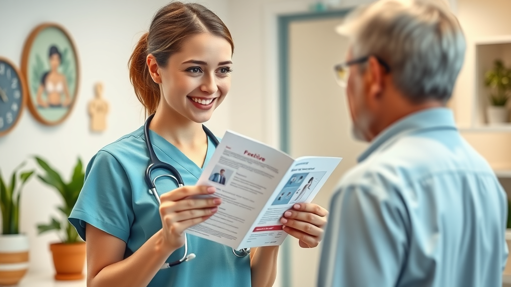 friendly functional medicine nurse providing information brochure to curious patient at clinic reception