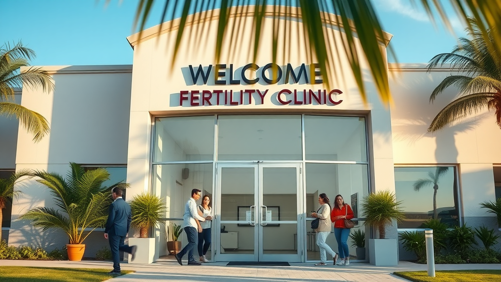Fertility clinic near Lakewood Ranch exterior with inviting glass entrance, patients arriving, Florida palm trees and blue sky, natural morning light