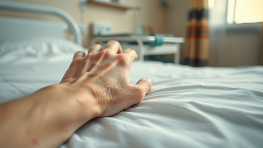 Close-up of elderly hand showing mild bedsore in nursing home setting