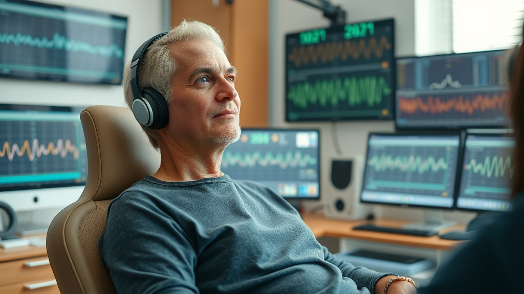 focused client undergoing neurofeedback session with a certified neurofeedback therapist using brainwave monitoring equipment for brain training and mental health