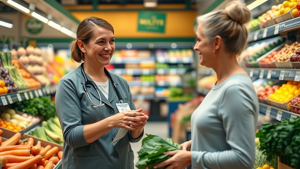 dedicated functional medicine nutritionist guiding a patient in healthy grocery shopping for chronic disease support