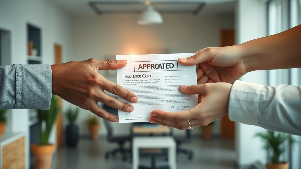 Hands exchange approved reimbursement form symbolizing stress-free insurance claims.