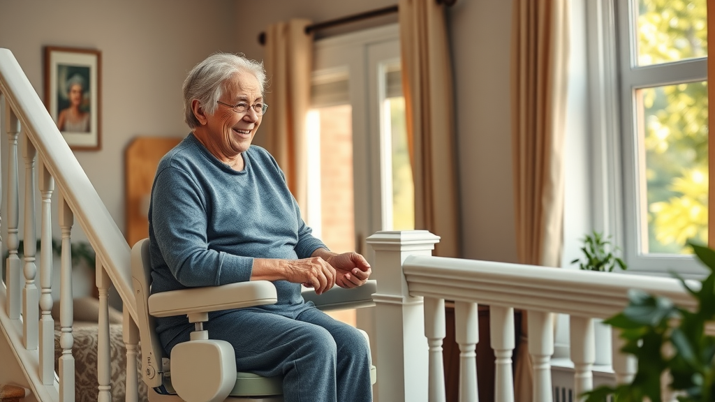 Elderly couple uses custom stair lift for safe easy climbing, family support