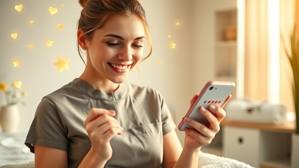 massage therapist reading positive reviews 5-star therapy business reputation management