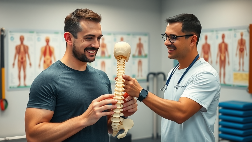 Chiropractor explains spinal health to patient at a chiropractic health and wellness center.