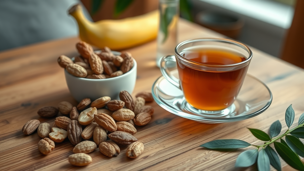 Healthy evening snack with nuts, banana, and herbal tea to promote sleep