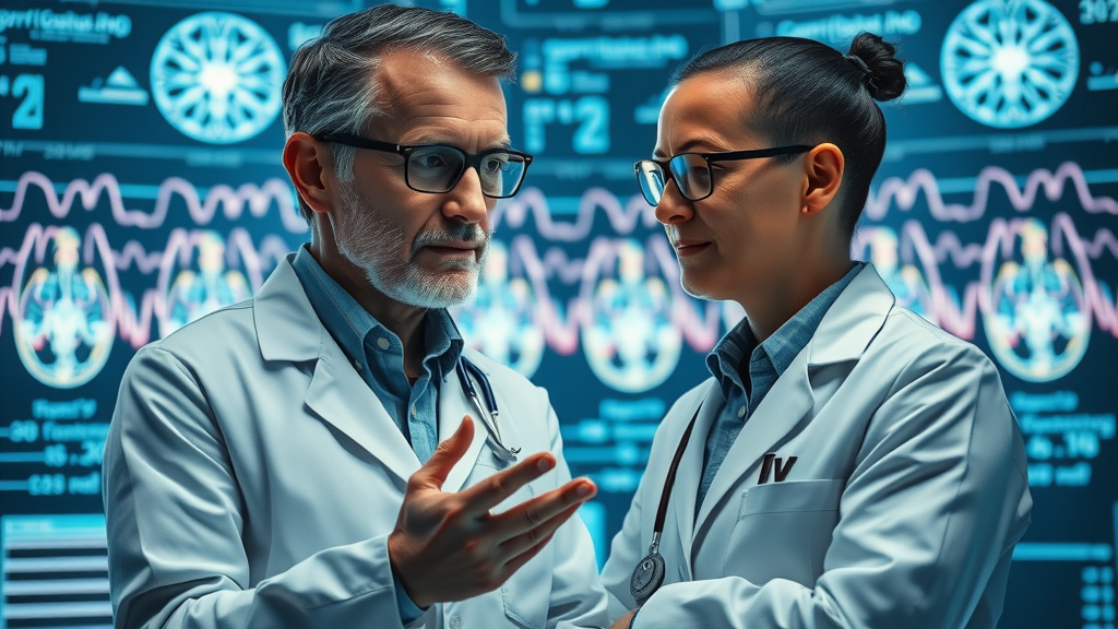 Scientist and client reviewing EEG brain mapping results during neurofeedback training session for personalized therapy
