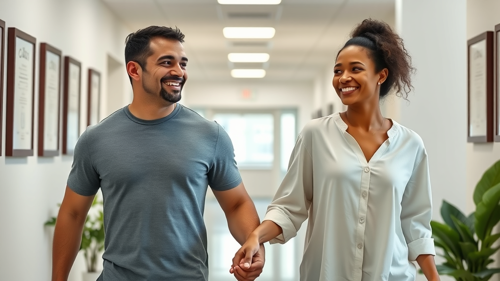 Hopeful couple holding hands walking through the hallway of a fertility clinic near Lakewood Ranch with framed certificates and green plants