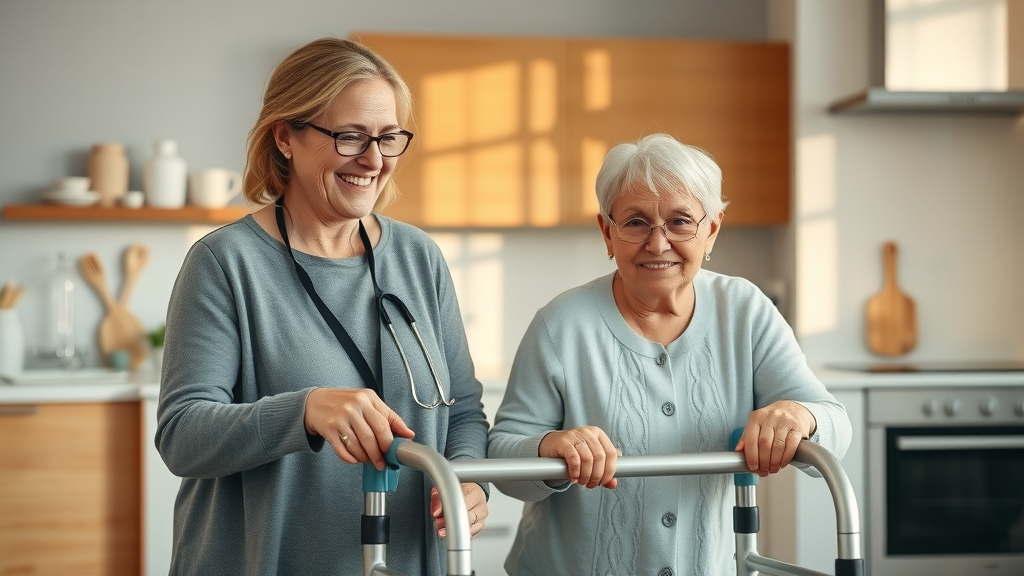 Caregiver helping elderly woman use a walker at home with home medical equipment