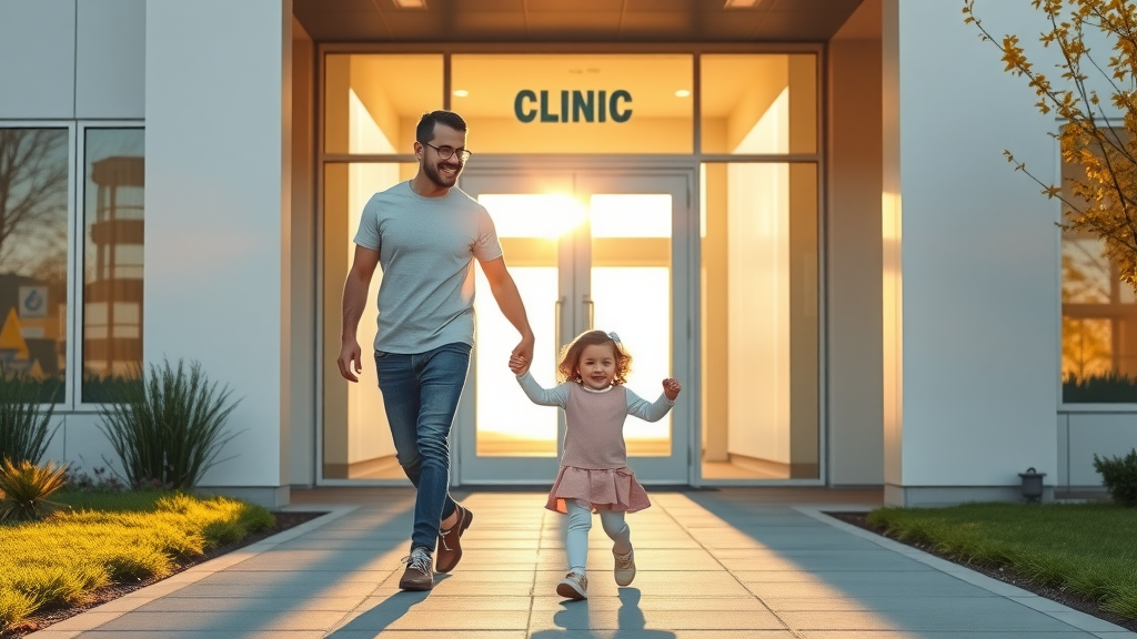 adult and child optimistic confident walking to neurofeedback clinic ADHD focus