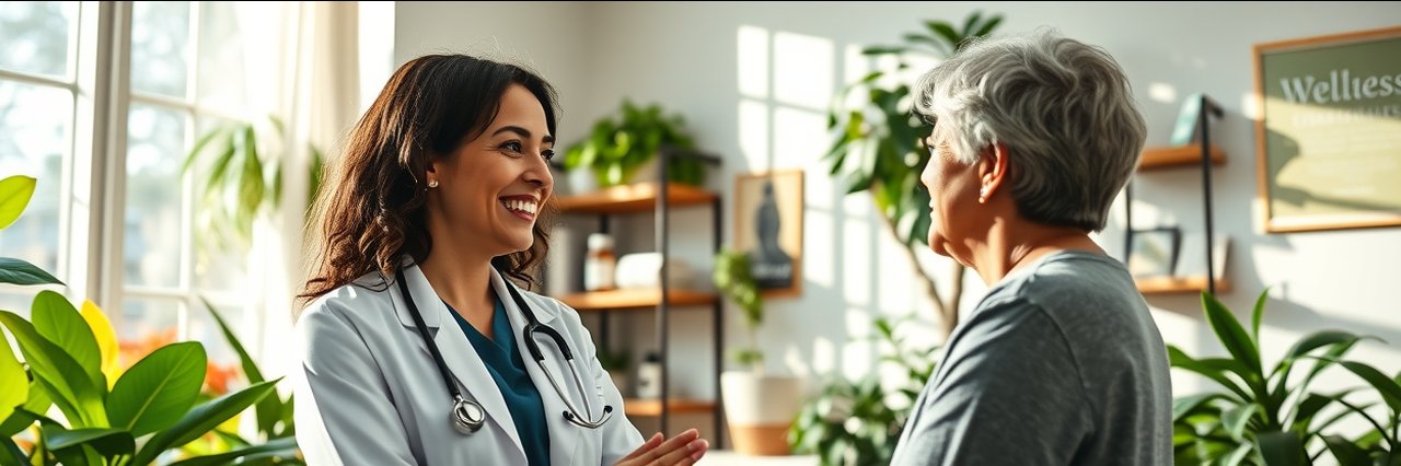 Holistic primary care doctor consulting patient in sunlit, plant-filled office.