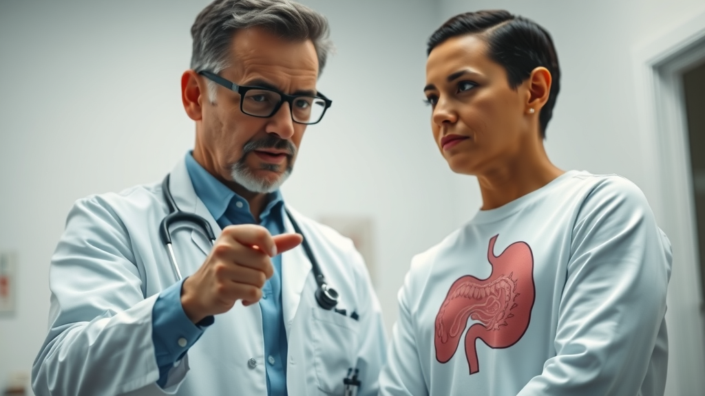 Doctor explaining irritable bowel syndrome to patient with gut health chart in a clinic setting