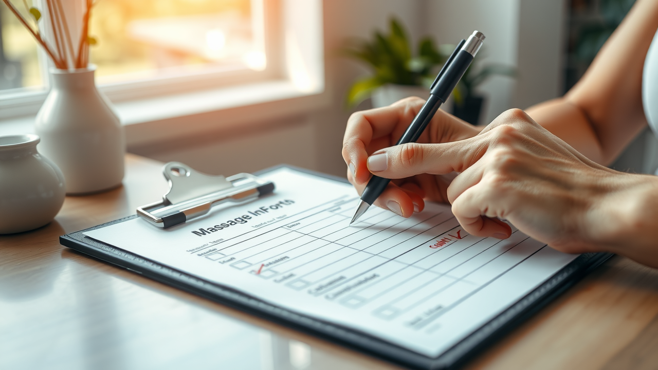 organized intake form for massage clients being filled to attract ideal clients