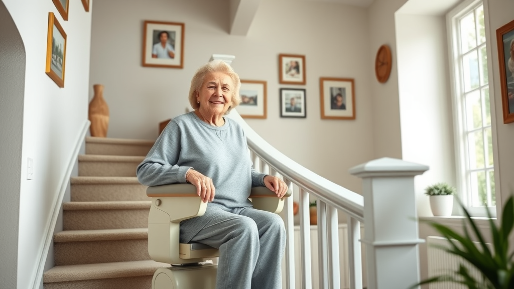 Custom stair lift in modern home, elderly woman riding for safe easy climbing