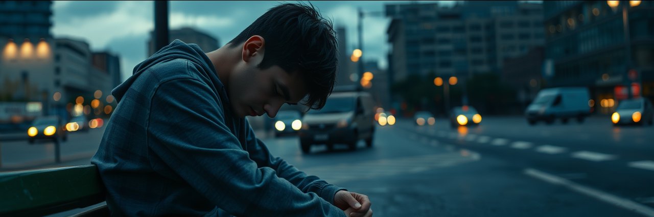 Somber young person struggling with substance on city bench at dusk