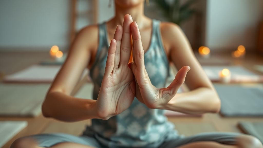 Hands in meditation mudra in yoga practice, soft lighting and candles