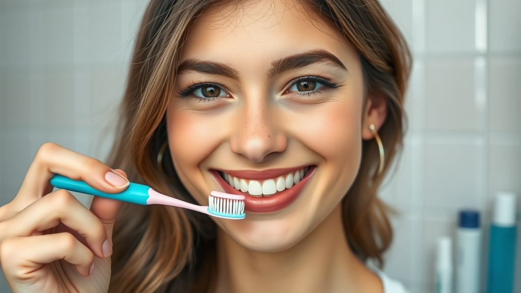 Young woman demonstrates general dentalcare with toothbrush and floss.
