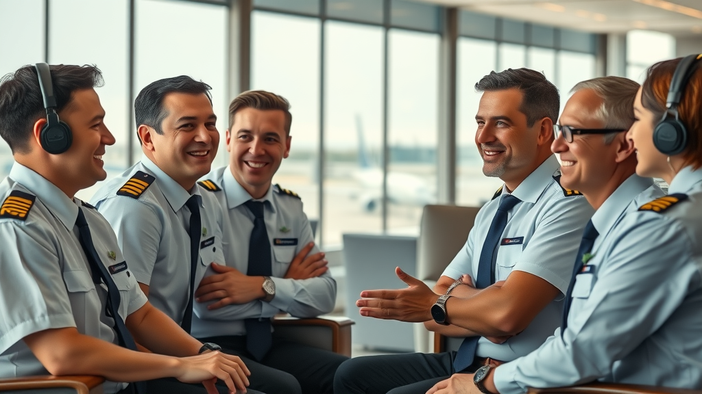 supportive airline pilots group talking in airport lounge, mental health for pilots