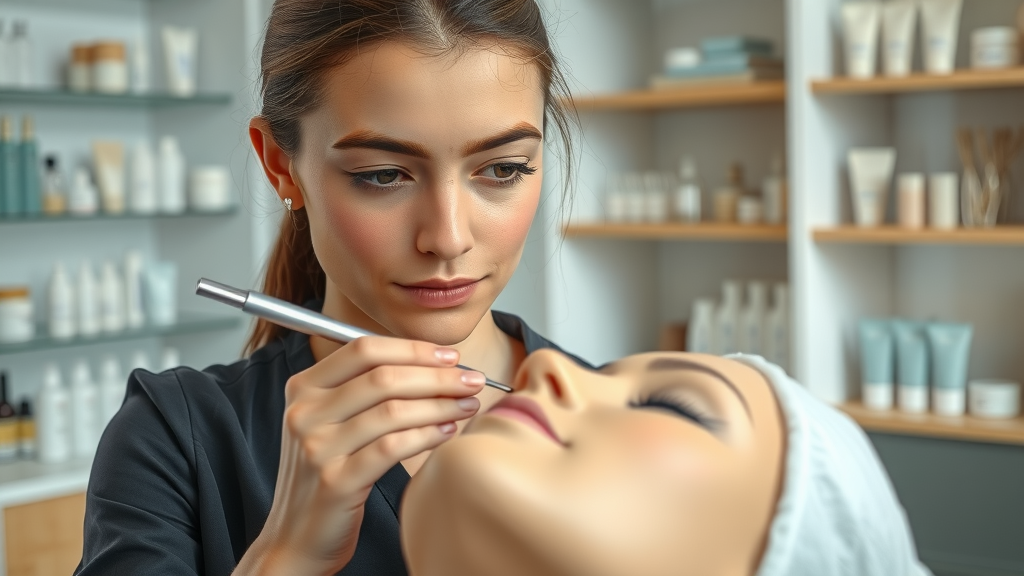 Young esthetician student practicing on mannequin at esthetician school