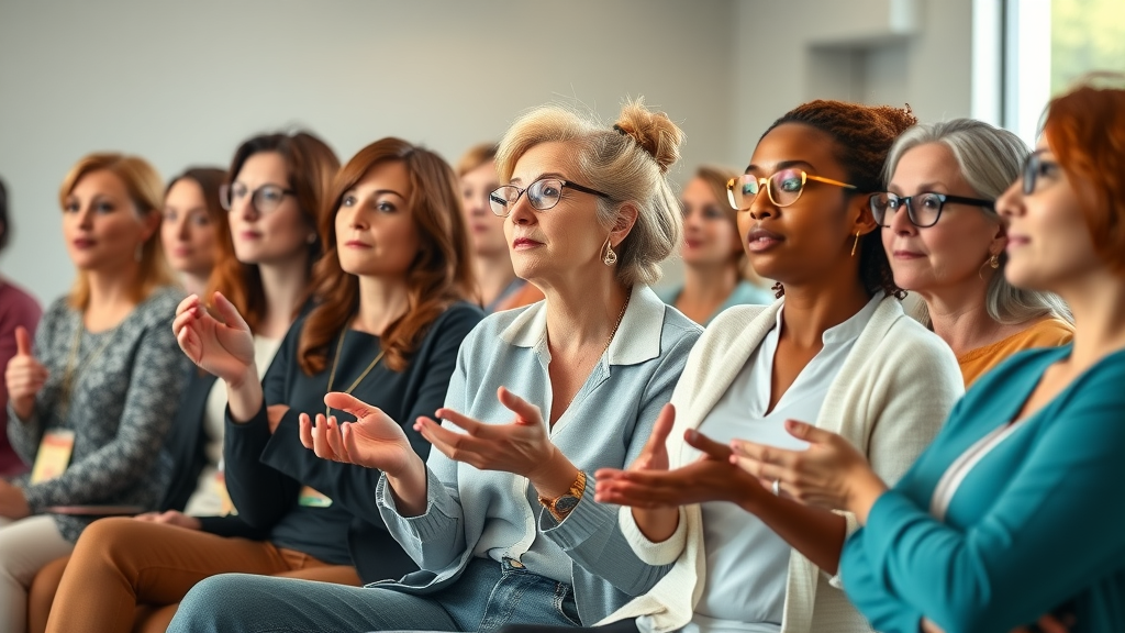 Diverse group of women actively engaged in wellness seminar emphasizing women