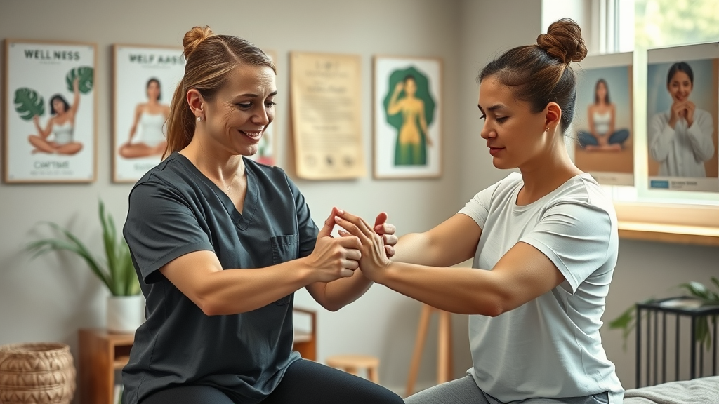 Massage therapist demonstrating self-massage techniques for client care, massage therapy business