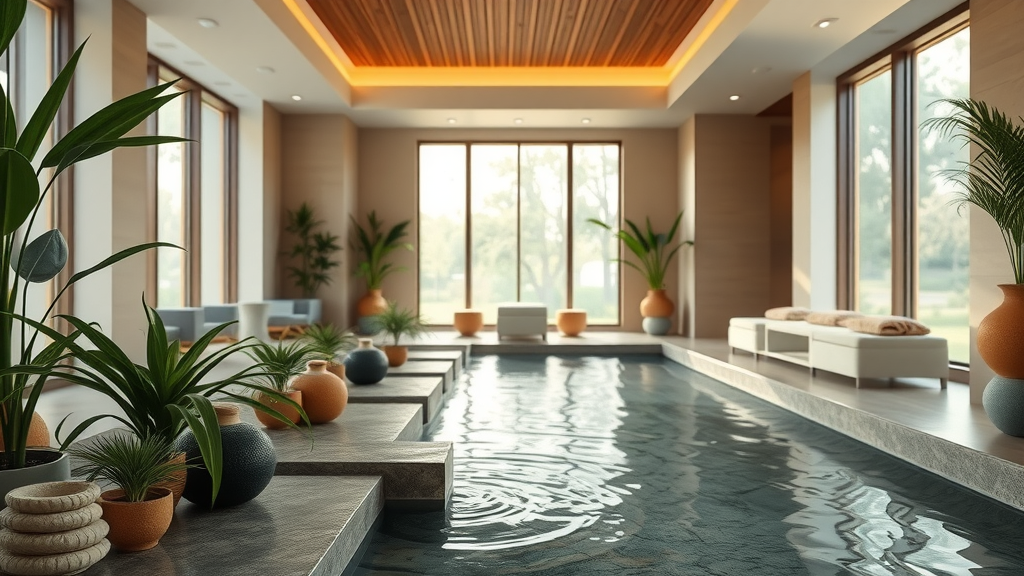 Serene spa interior, inviting, peaceful atmosphere, spa owner work life balance, spa lobby with natural elements and soothing water features