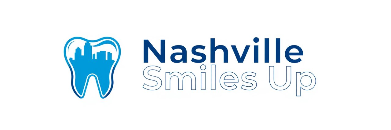 Teeth whitening dental clinic logo for Nashville Smiles Up in blue and white.