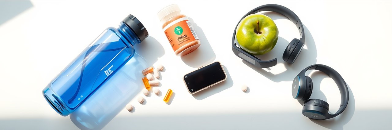 Modern flat-lay of health essentials on white table with vitamins, apple, and fitness gear.