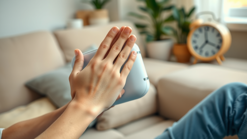 Close-up of healthy hands measuring blood pressure with digital device, blood flow circulation, cozy living room background, soft beige and blue tones, morning light