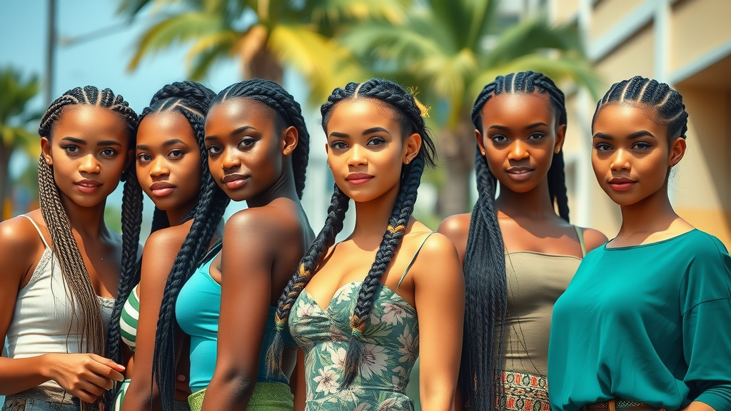 Diverse group of models with various braid styles in sunny Olongapo, standing confidently on urban street with palm trees