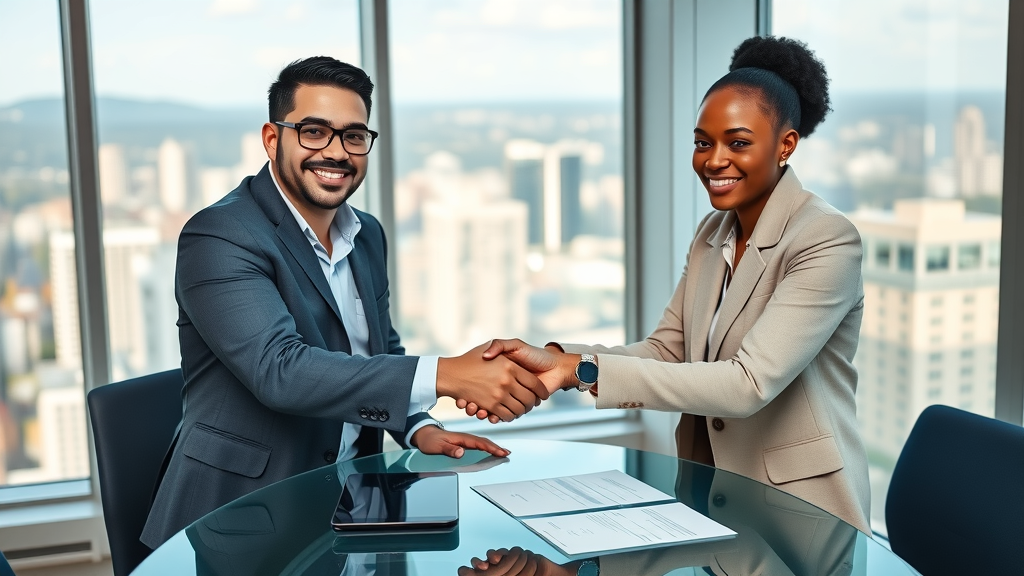 inspiring business partners, confident expressions, two diverse entrepreneurs shaking hands over a signed agreement, Photorealistic High Fidelity Lifelike, modern office setting with visible cityscape through large windows, highly detailed, documents and digital tablets on a glass table, crisp neutral colors with pops of blue, natural light streaming in, shot with a Canon RF 50mm f/1.2L lens.