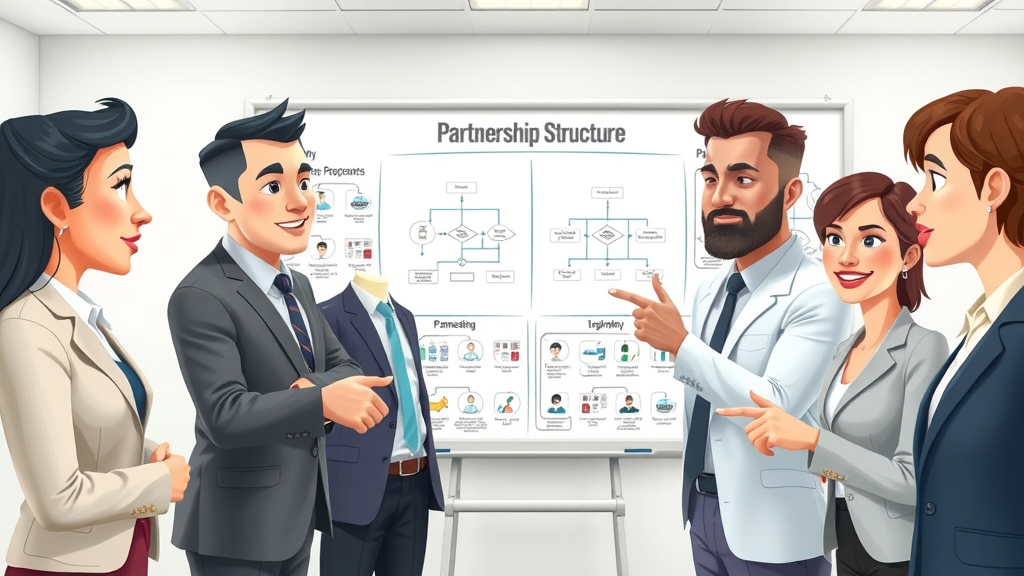 informative partnership diagram, businesspeople pointing to partnership structure charts, 2D Cartoon, clean office background with a large whiteboard filled with partnership flowcharts, highly detailed, lively interaction, pastel colors, soft even lighting, shot with a wide angle lens.