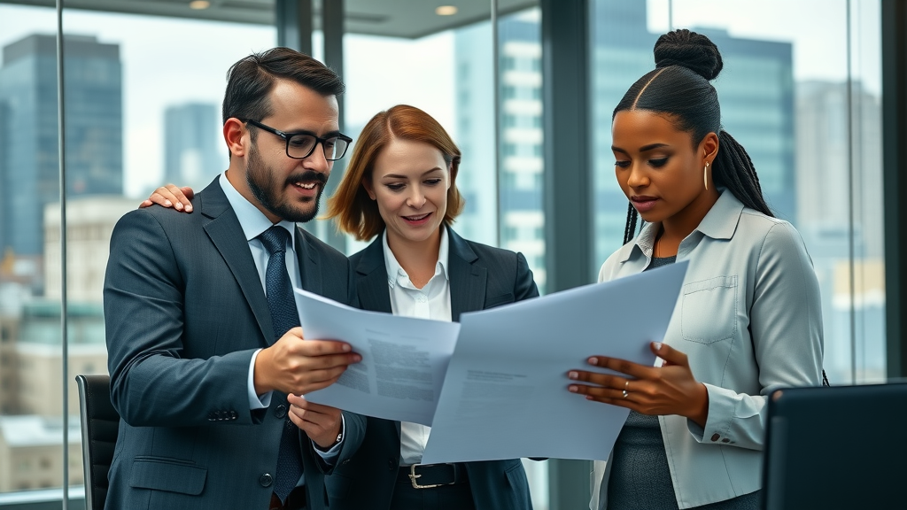 diverse business partners, analytical expressions, reviewing legal documents together, Cinematic, professional boardroom with glass walls and city skyline view, highly detailed, legal files and a laptop visible, deep blues and grays, natural indoor lighting, shot with a Sony G Master 85mm f/1.4 lens.