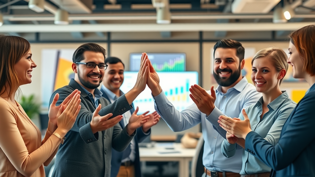 successful business partnership, team celebrating financial growth, Photorealistic High Fidelity Lifelike, vibrant open-plan office with infographic screens in the background, people clapping and high-fiving, rich warm colors, bright ambient lighting, shot with a Nikon 35mm f/1.8 lens.